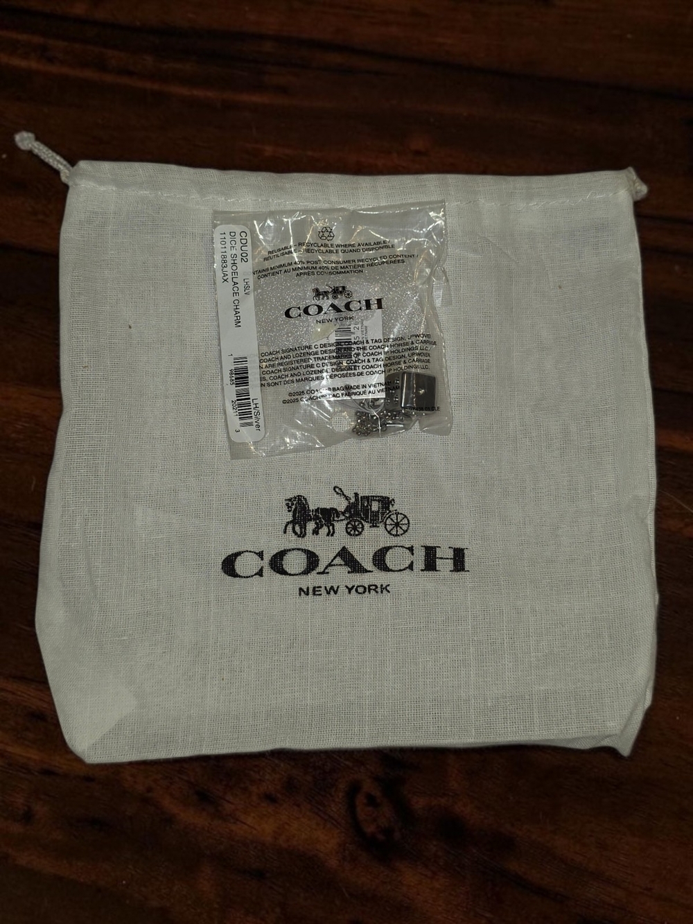 Coach Silver-Tone Dice Shoelace Charm with Beaded Chain-NWT & Coach Dustbag - Picture 3 of 3